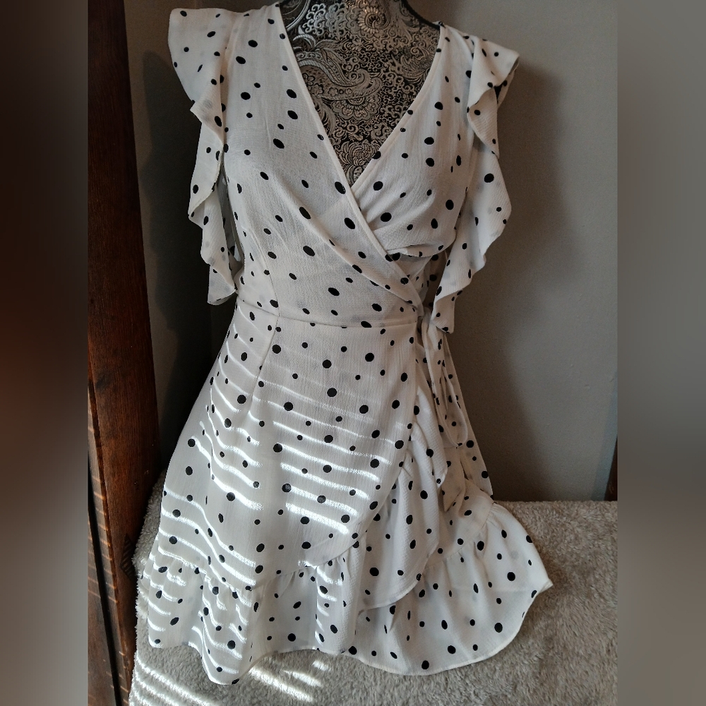 Elegant White Polka Dot Wrap Dress